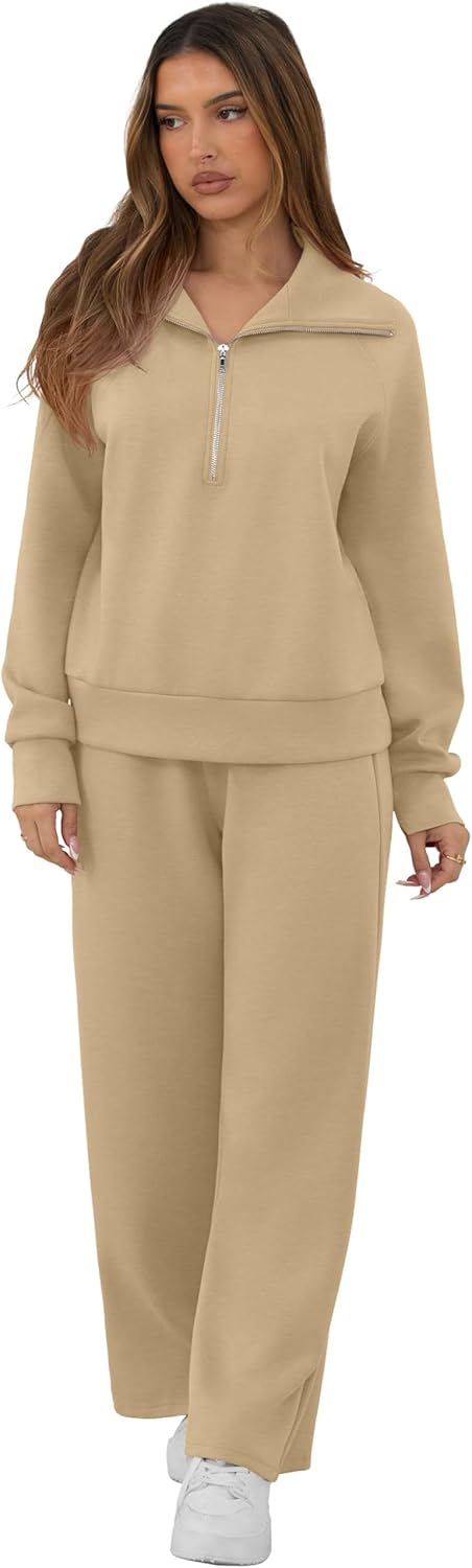 GRECERELLE Lounge Sets For Women 2026 Casual Lapel Half Zip Sweatshirt And Wide Leg Sweatpant 2 Piece Outfits Tracksuit Sets - Image 5
