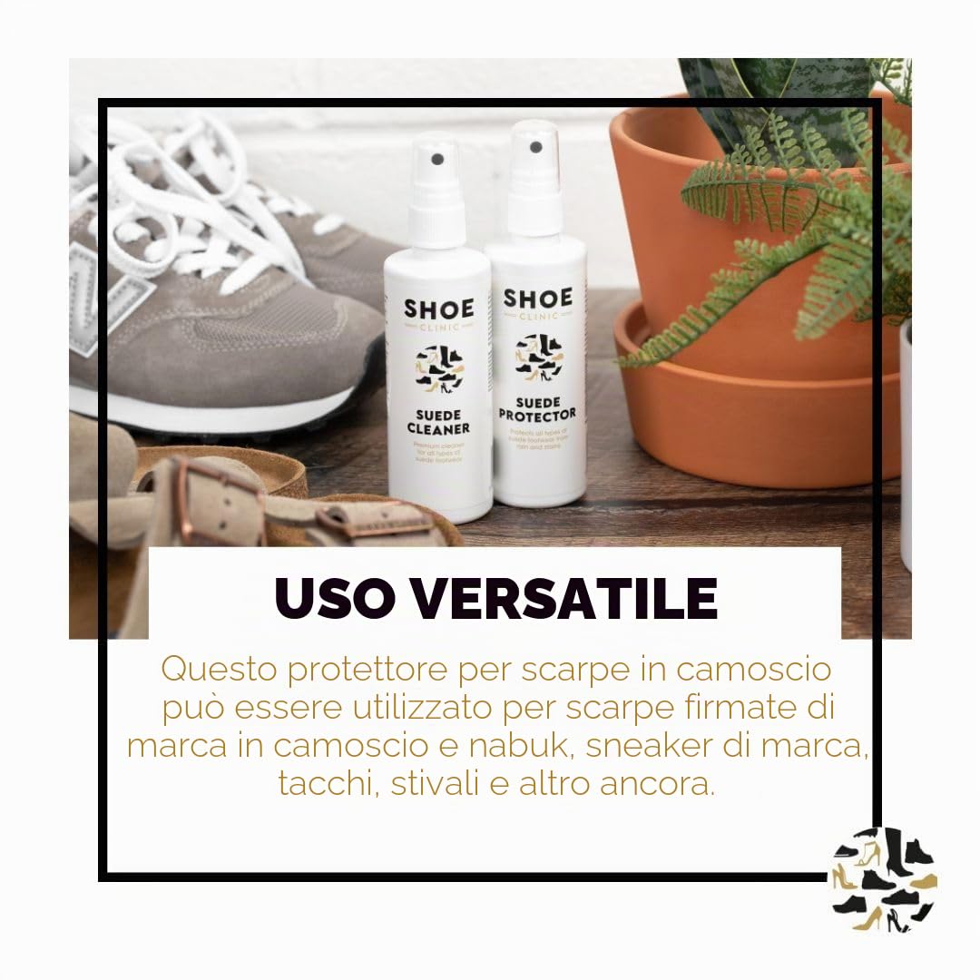 Shoe Clinic Kit per la pulizia delle scarpe in camoscio e nabuk | Detergente per camoscio e spray protettivo con spazzola in pelle scamosciata | Pulisce, protegge e cura