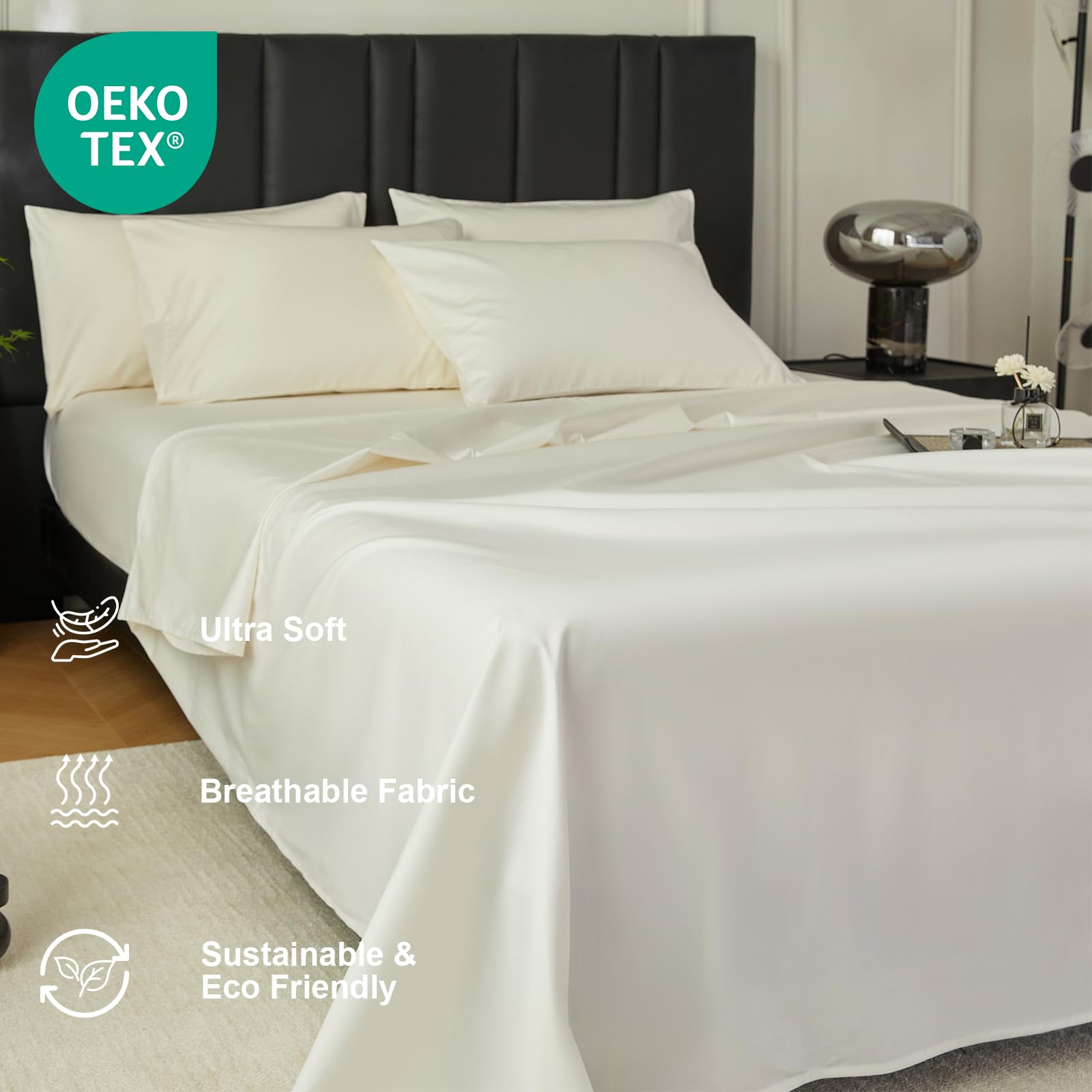 DCSKY Full Sheet Set - 100% Cotton Sheets - Ultra Soft Breathable Wrinkle Resistant Bedding Set with 1 Plain Sheet, 1 Fitted Sheet and 2Pillowcase - 15in Deep Pocket (White)