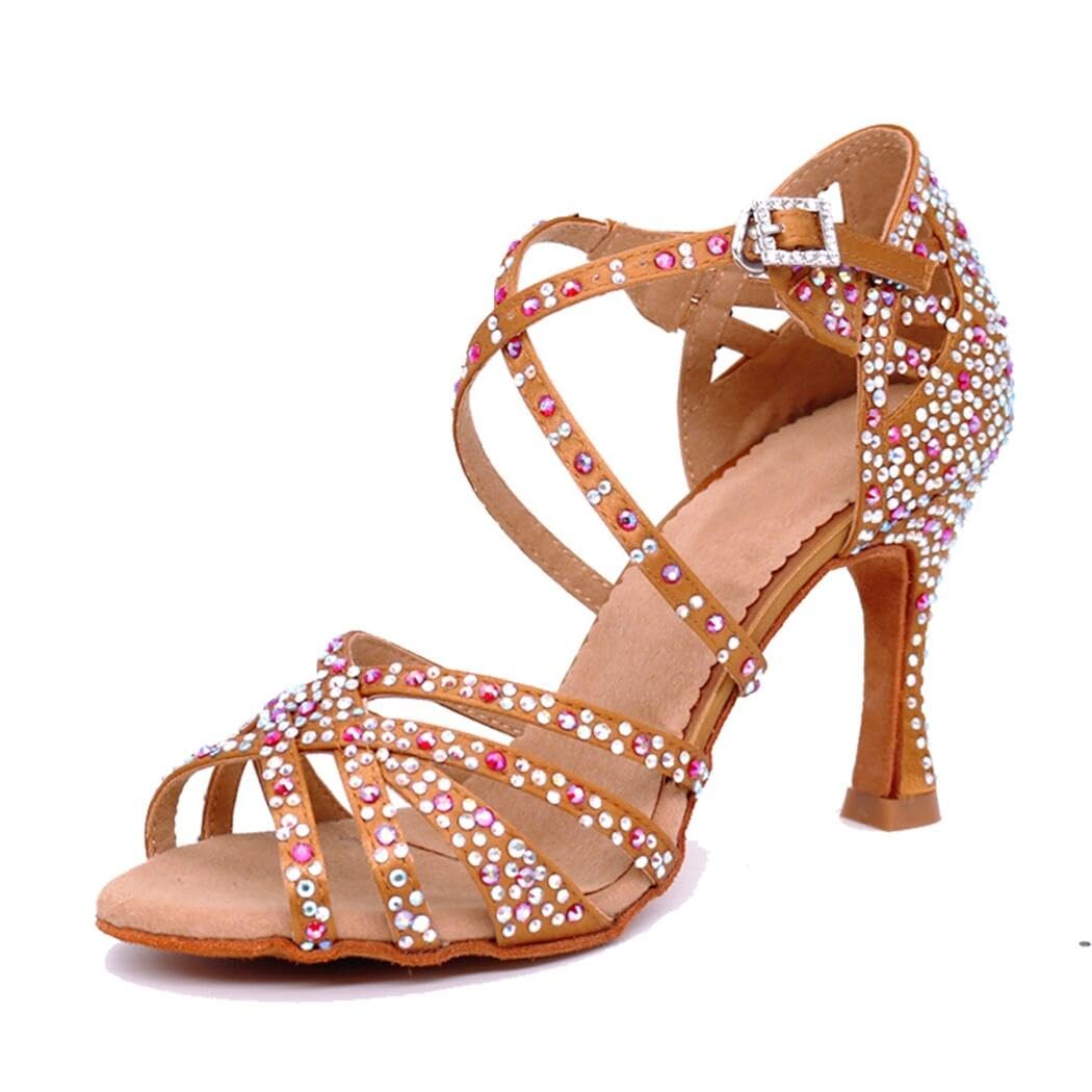 Sandalias de baile moderno latino con correa cruzada para mujer, con diamantes de imitación de tango social, bailes, Tacón marrón de 9 cm. — view 26