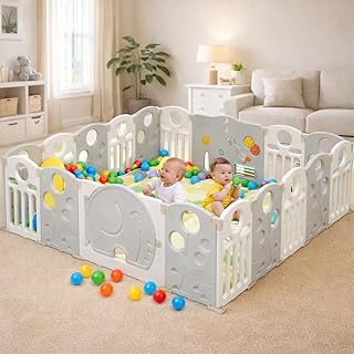 Hukimoyo Large Baby Playpen 16 Panels/30 Sq Ft Play Area Indoor Setup with Mat ,balls | Play Yard for Babies 0–3 Years wit...