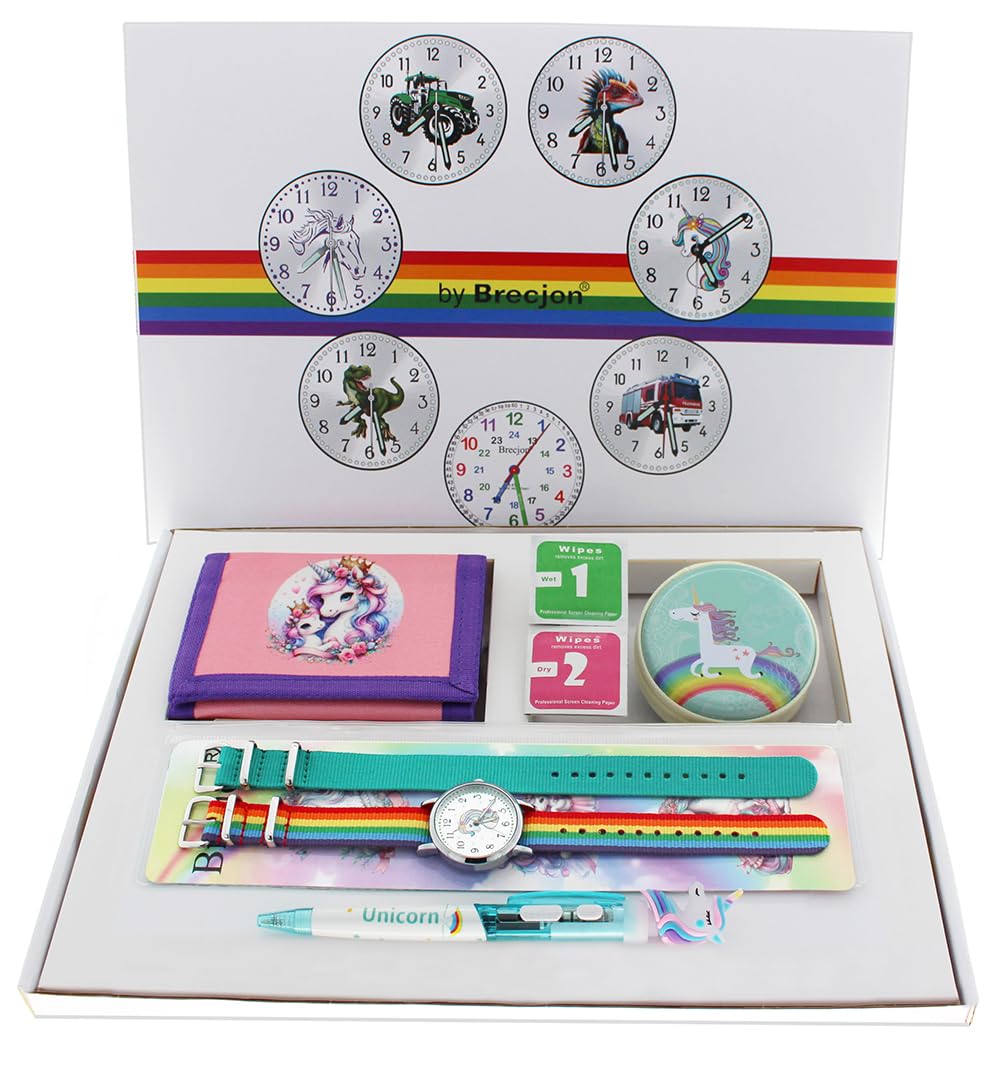 großes 6tlg Geschenk Set Einhorn Armbanduhr Mädchen wasserdicht Geldbörse Kugelschreiber Motivdose 2 Armbänder