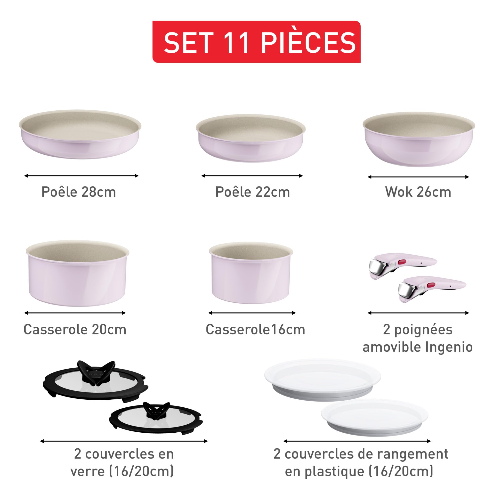 Tefal Ingenio Serenity, Batterie de cuisine 11pièces, Revêtement antiadhésif, Induction, Empilable, L830SB04 PINK