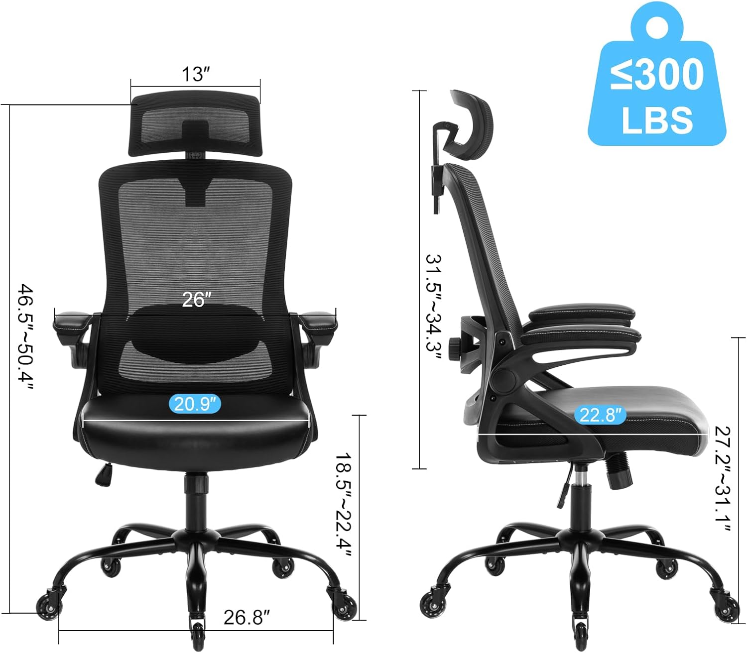 Diagram showing dimensions of the Seevoo Ergonomic Office Chair