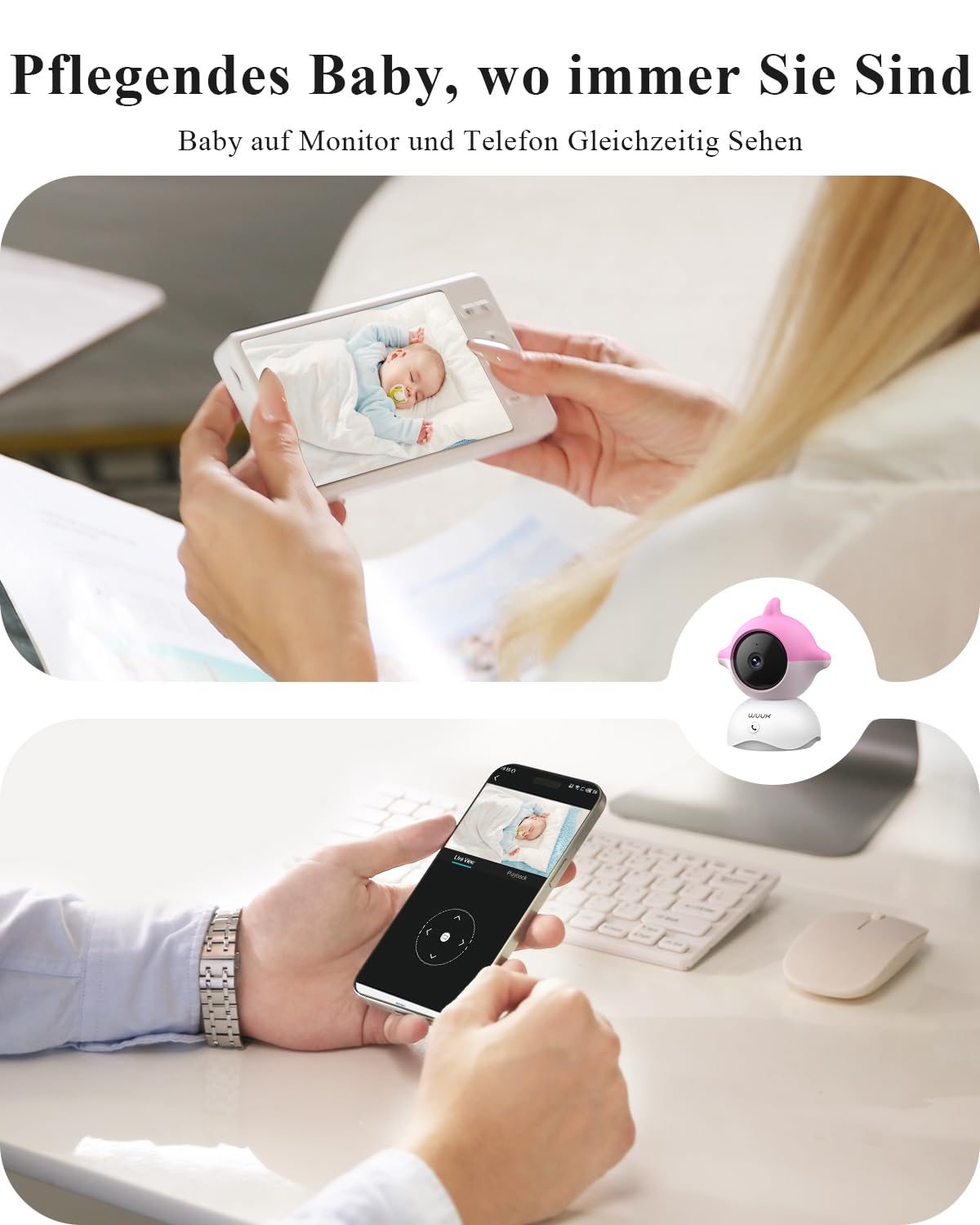 WUUK 2K Babyphone mit 2 Kameras (1 blau, 1 rosa), 5,5 Zoll Display | 360° Kamera, 135° Weiter Blickwinkel, APP Unterstützen, One-Touch-Anruf, Bewegungs/Geräuscherkennung, White Noise