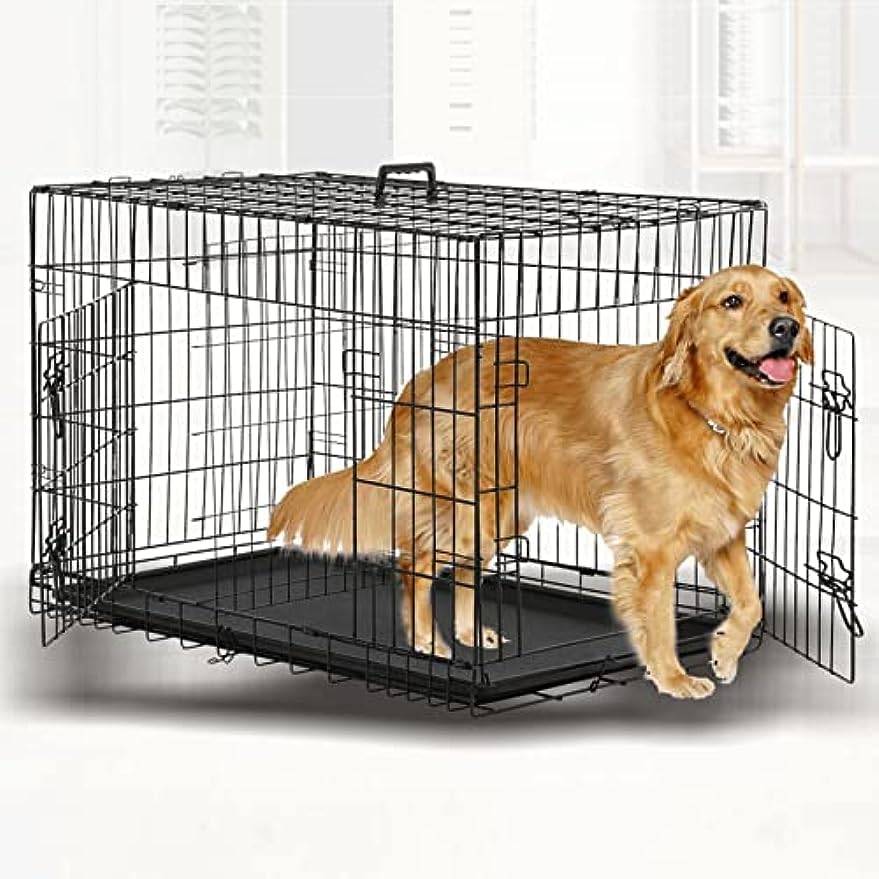 SkadeWire Dog Crate Large Divider Double Door,Portable Folding Metal Kennel, Removable Tray,With Chew Resistant Plastic Base Tray and Carrier Handle,Indoor/Outdoor(Large) (Medium Size 76*46*69cm)