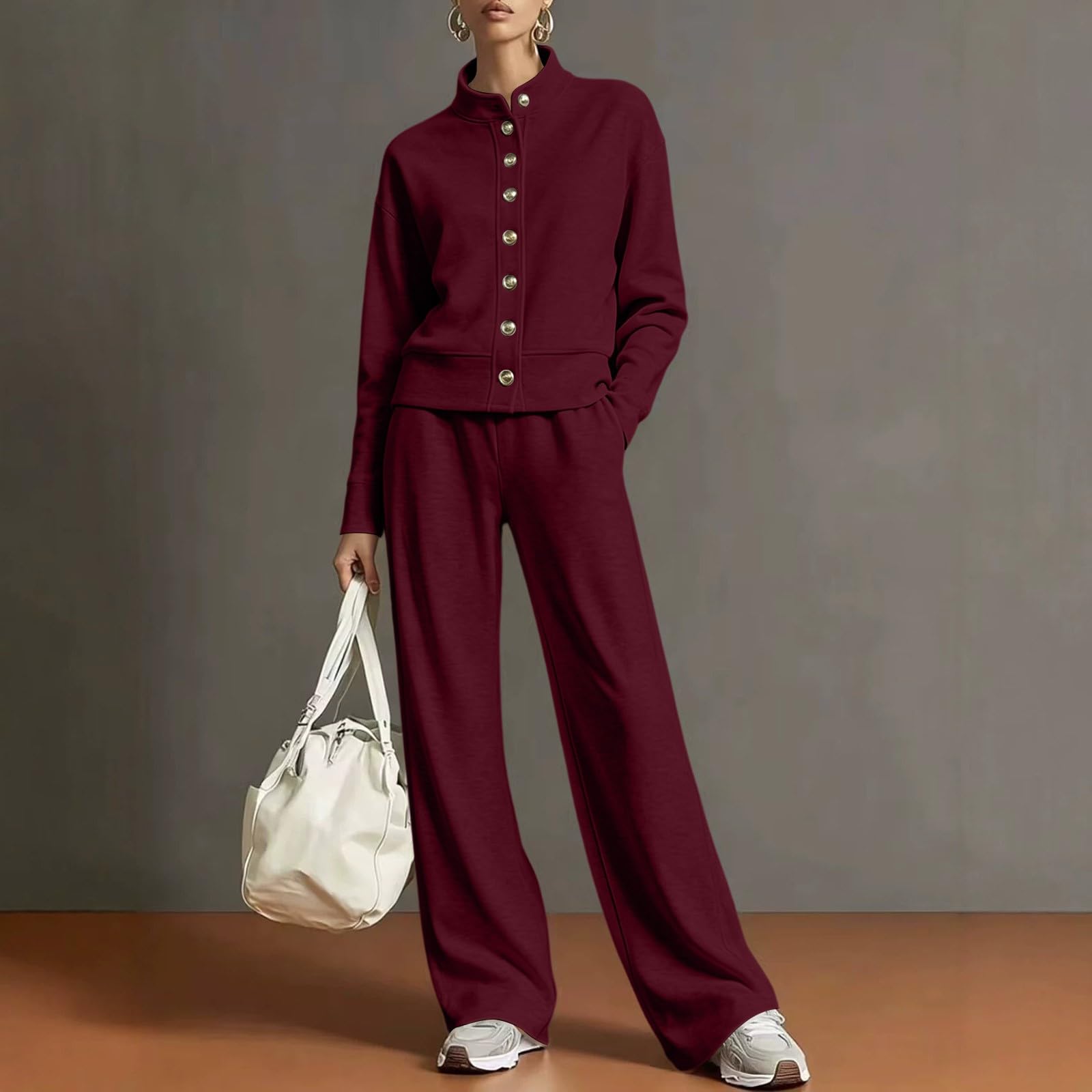 Set da 2 pezzi da donna autunno inverno sottile foderato in pile tute a maniche lunghe felpa con bottoni a gamba larga pantaloni jogger casual sciolto collo a lupetto tuta calda accogliente loungewear