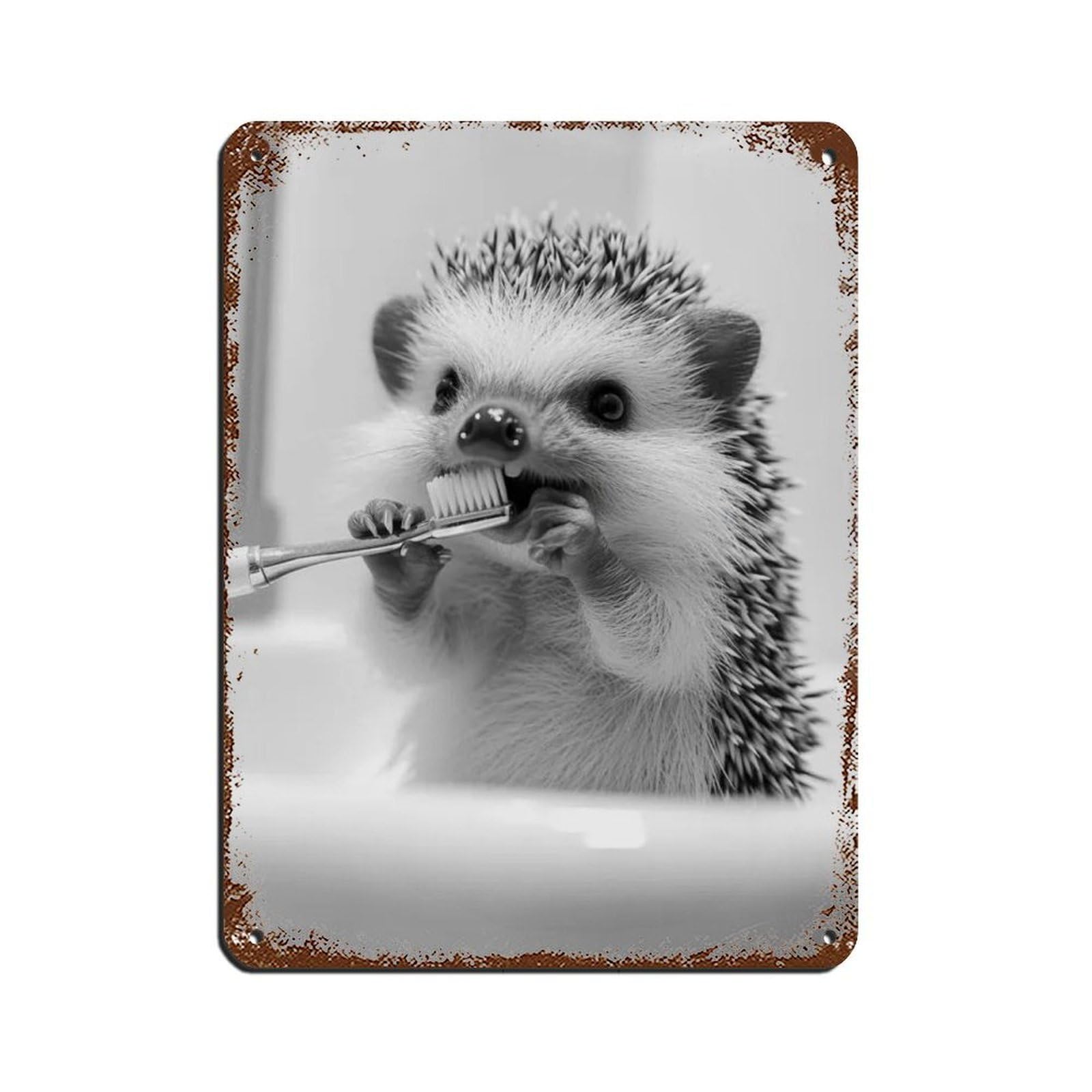 Hedgehog Brushing Teeth, Funny Bathroom Art Retro Poster Metal Tin Sign Chic Art Retro Iron Painting Bar People Cave Cafe Family Garage Poster Wall Decoration 12x16inch(30x40cm)
