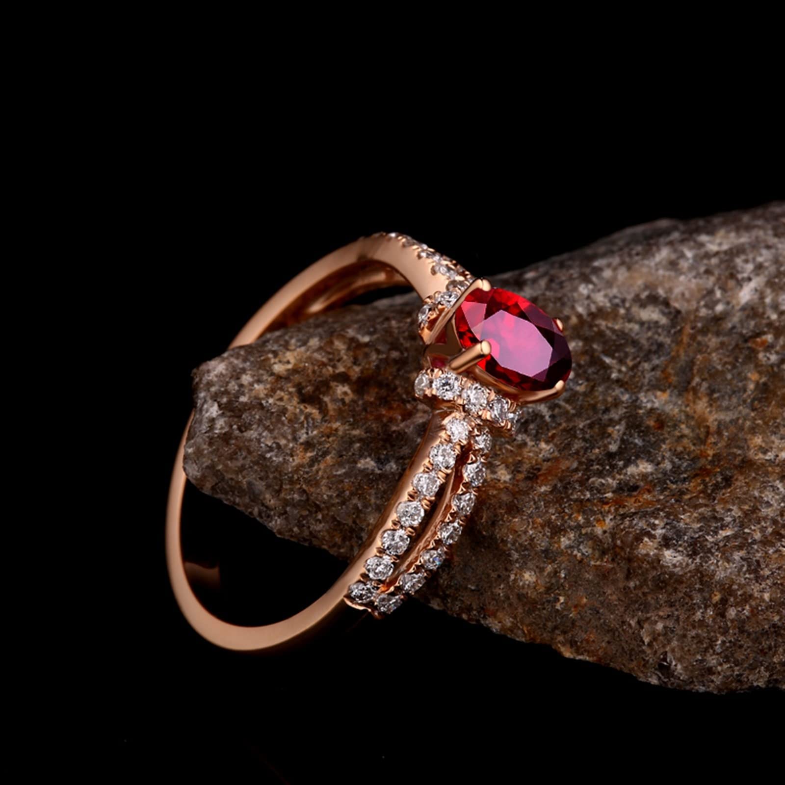 Anillo de mujer vintage, anillos de mujer de oro rosa de 18 quilates de 0,57 ct con diamante y rubí redondos de dos hilos rojos, ovalado, alianzas de compromiso para mujer