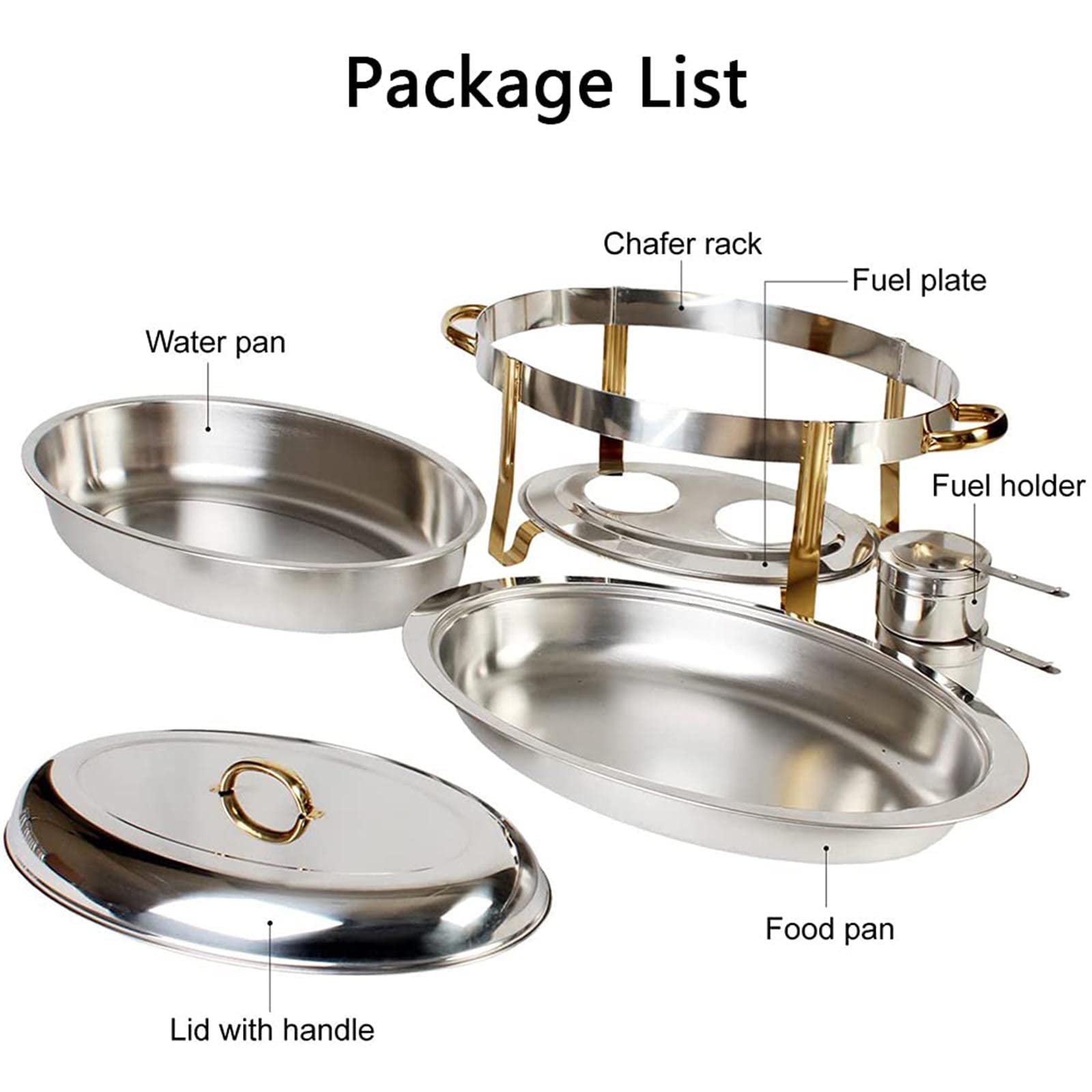 Chafing Dish Ovale, Set scaldavivande da 6 Litri con Coperchio, Supporto per pentola d'Acqua e Supporto per combustibile per Catering, Feste, Matrimoni, cene, Oro