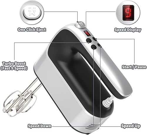 Miniatura 2 de Mezclador de mano digital de 9 velocidades, potente motor de CC de 400 W, de bajo ruido, mezclador de mano para hornear con estuche de