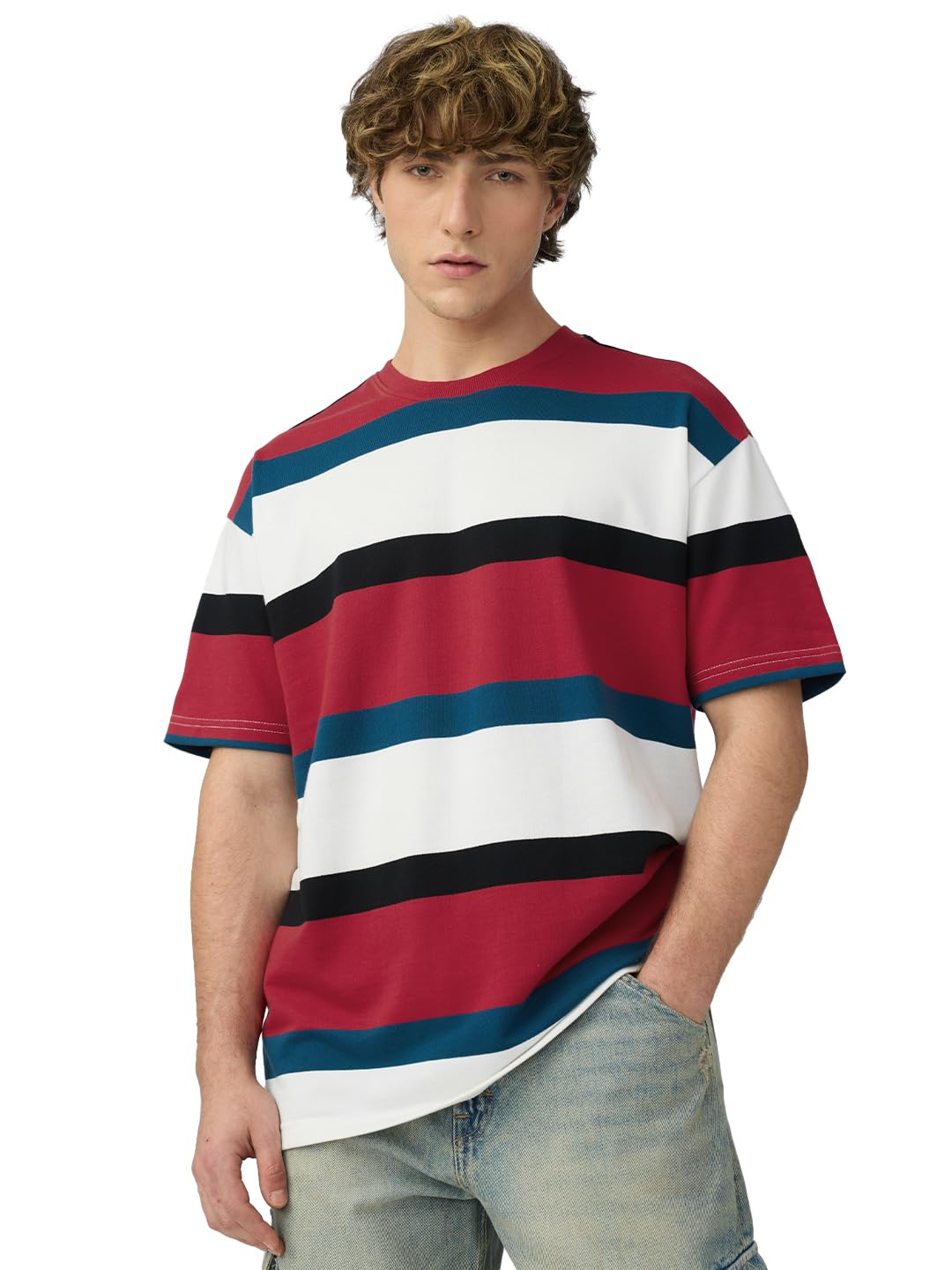 The Souled Store Retro-T-Shirts für Herren und Jungen, kurze Ärmel, Rundhalsausschnitt, mehrfarbig, gestreift, Baumwolle, Übergröße