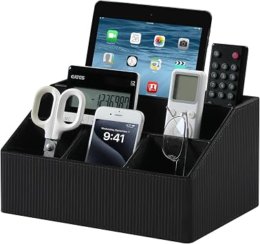 Desk Organizer Caddy with 5 Compartments for Office Art Supplies, PU Leather Nightstand Organizer Pencil Pen Desk Caddy for Home, Desktop TV Remote Control Holder Storage Striped Black