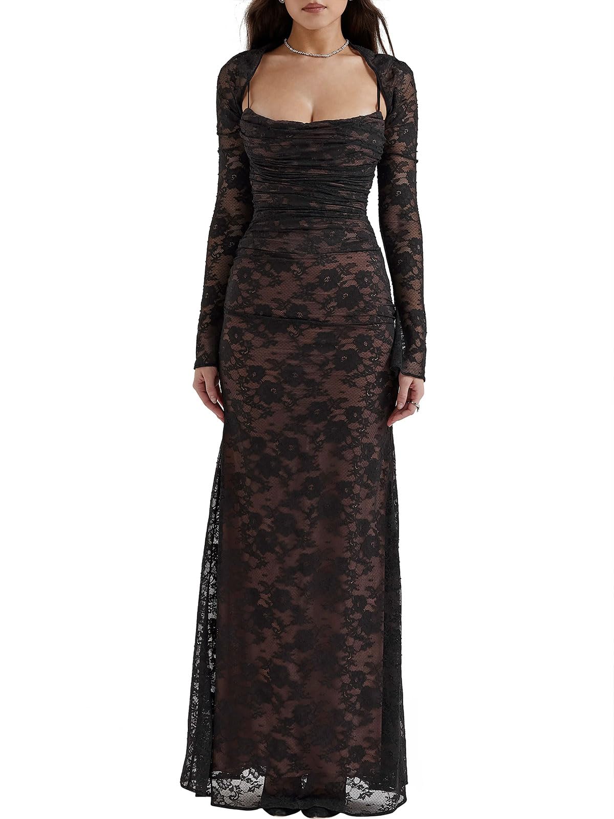 Women Cami Lace Maxi Dress Romantic Long Sleeve Lace Bodycon Dresses Elegant