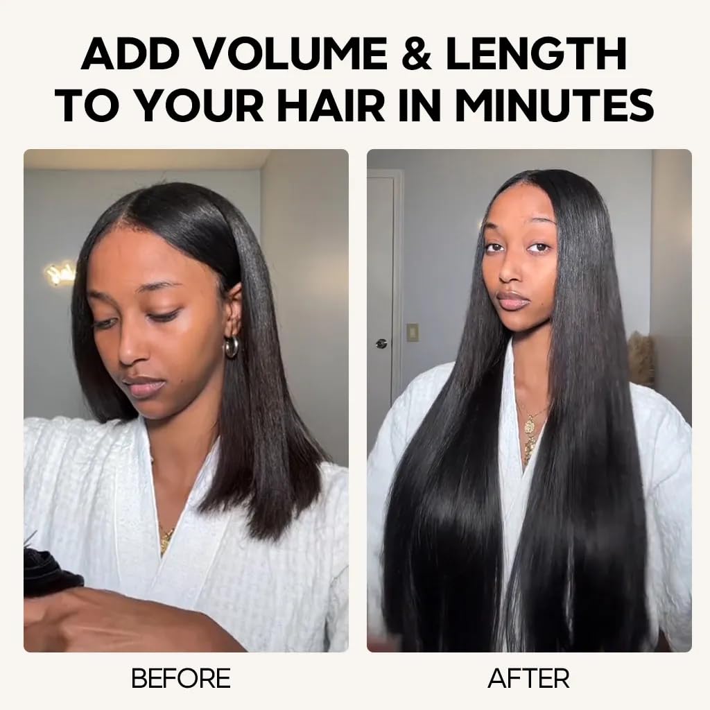 Yaki Straight Seamless Human Hair Clip in Extensions Full Max with 100% Real Soft Human Remy Human Hair Yaki Straight Clip Ins 7Pcs Per Set Natural Black (Yaki Stright, 16Inch) - Image 6