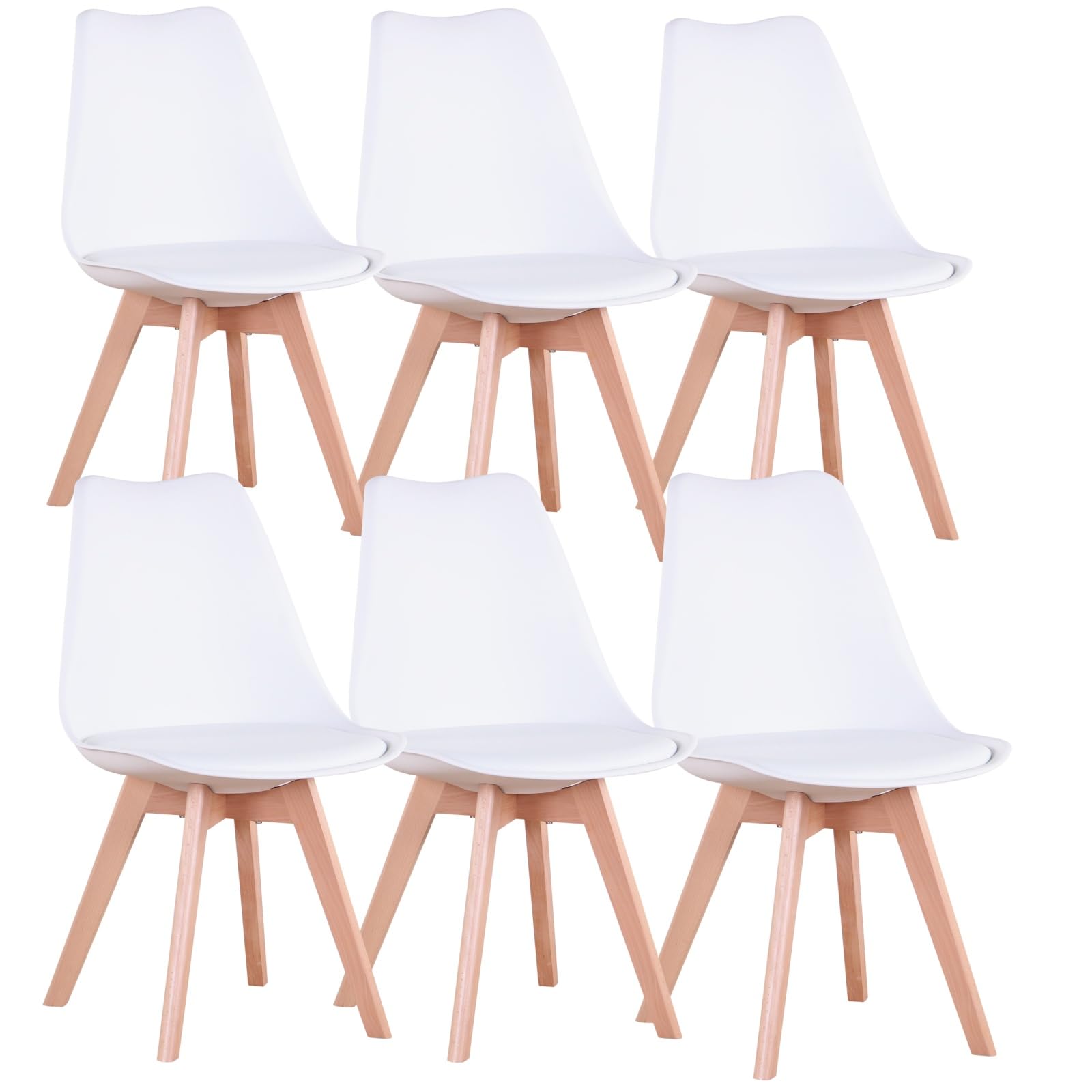 Juego de 6 Sillas de Comedor, Sillas Escandinavas, Patas de Madera Maciza, Diseño Nórdico Ergonómico, Ideal para Comedor, Salón, Cocina, Dormitorio (Blanco, 6)