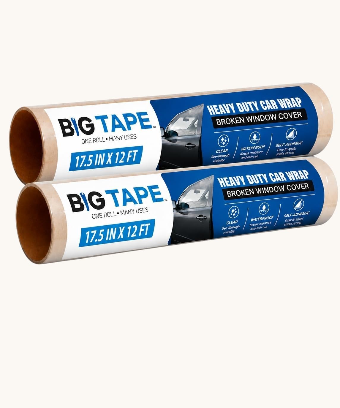 Big Tape Window Plastic Barrier Film – 2 Pack of 12 Feet XL Roll of Plastic for Windows – 17.5 Inch Wide Car Tape for Broken Windows – Waterproof, No Sticky Residue – Easy DIY Installation.