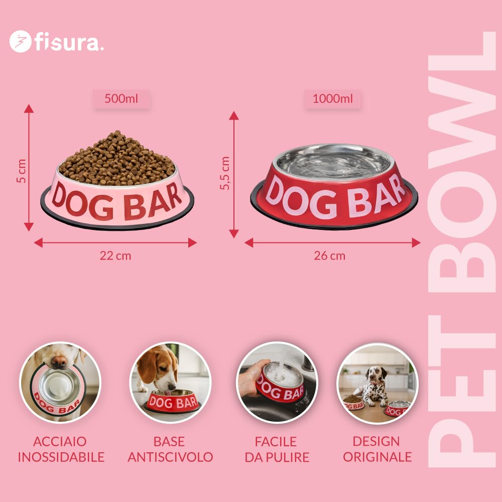 Fisura – Set 2 ciotole per cani in acciaio inox “Dog Bar”. Ciotola antiscivolo rosa e rossa per cibo 500 ml e acqua 1000 ml. Ciotole per animali domestici pratiche, resistenti e decorative