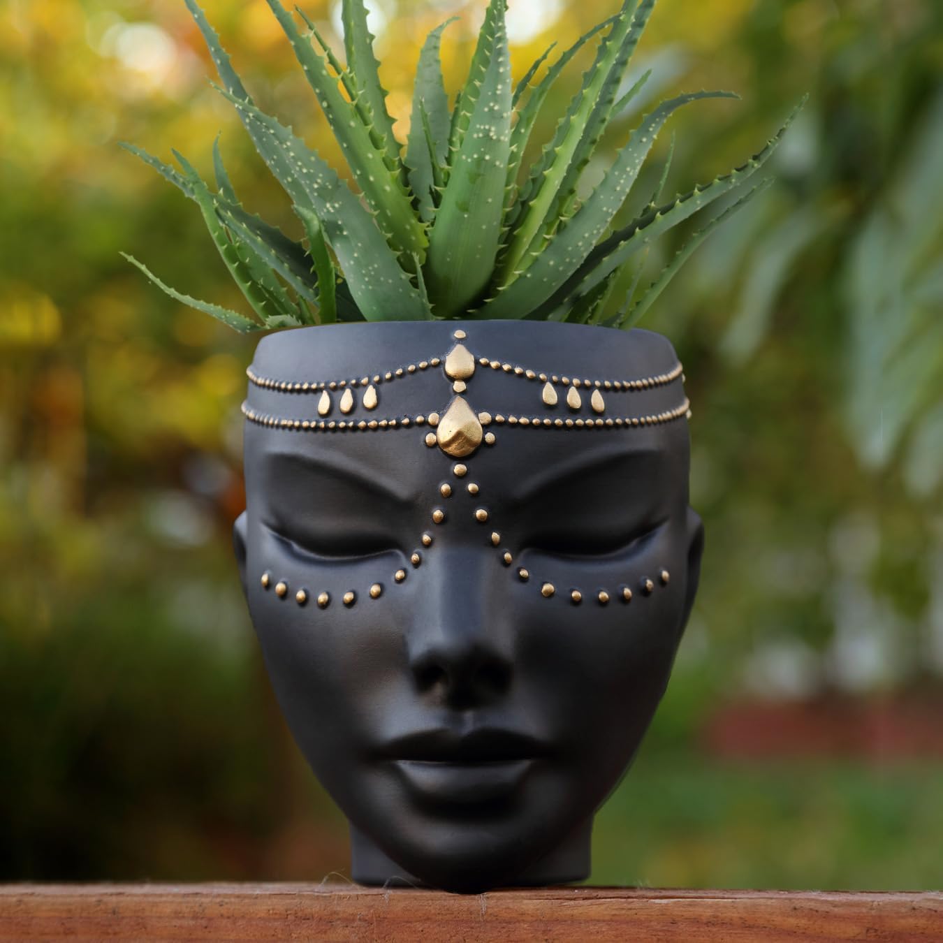 Head Planter - Indoor & Outdoor Home Decor Gifts for Plant Lovers - for Flat Surface or Wall Mount - Unique Face Planter for Flowers, Succulents, & More (7 inch, Serena Design, Black)