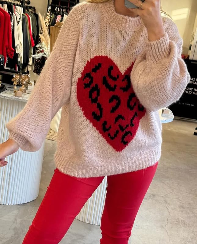 Image of Women Heart Print Knit Pullover Sweater Long Sleeve Round Neck Love Pattern Sweaters Trendy Valentine Knitted Sweater