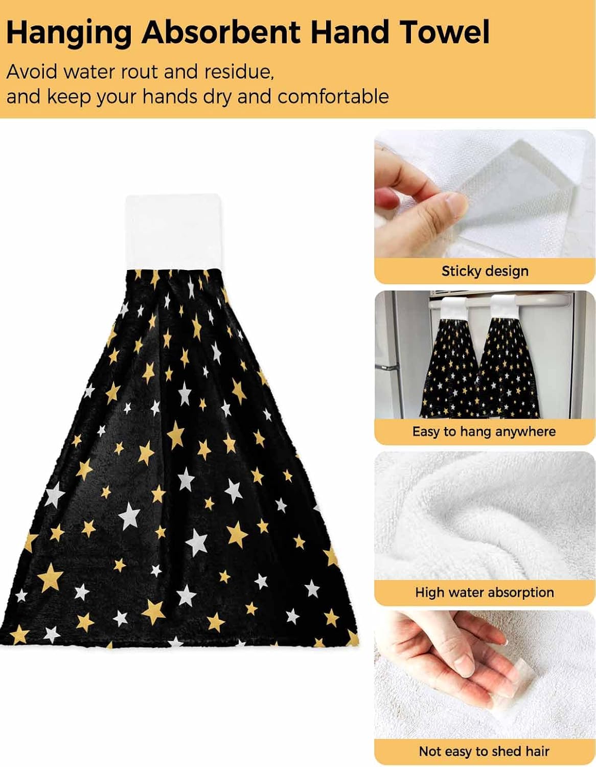 Black Stars Modern Kitchen Hand Towels with Hanging Loops Set of 2 Yellow White Star Modern Art Soft Thick Oven Fingertip Dry Microfiber Tie Dish Towel Absorbent Cleaning Washcloth for Bathroom