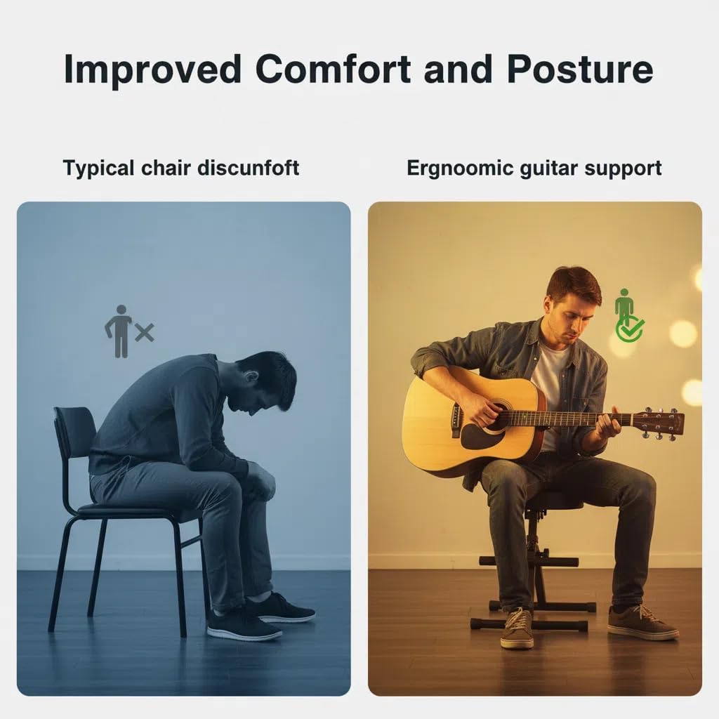 BlissKiss Adjustable Guitar Stool with Back Support - Professional Musician Throne with Instrument Hanger, Foldable Design for Stage & Studio, 33.9"-42.1" Height Range, Black