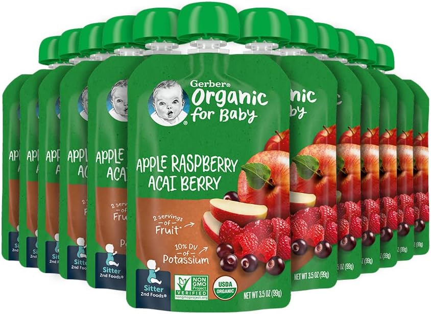 Gerber Organic Baby Food Pouches, 2nd Foods for Sitter, Apple Raspberry Acai, 3.5 Ounce (Pack of 12)
