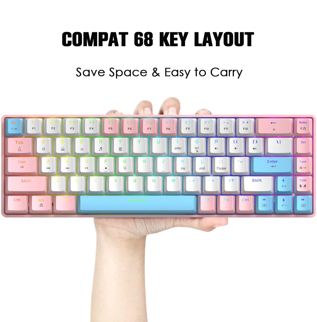 T8 RGB 60% Klawiatura Mechaniczna, Przewodowa Klawiatura do Gier 65% Compact Układ, 18 RGB Backlit, QWERTY Mini 68 Klawiszy Full Keys Anti-ghosting na PS4, Xbox, PC, Laptop, MAC - Pink/Blue Switch