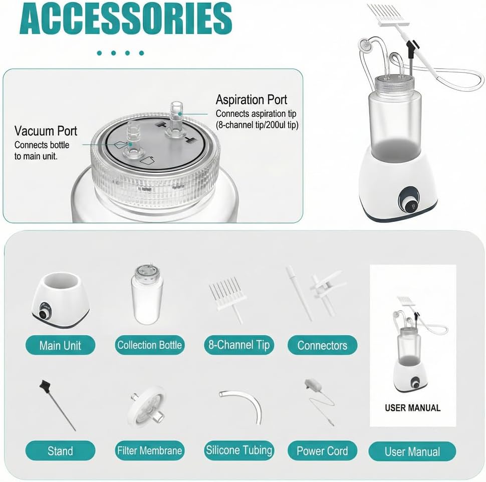 Vacuum Waste Liquid Recovery System, Lab Aspiration Pump with 1L Bottle, 9-Speed Control, 8-Channel Tip for 96 Well Plates, Cell Culture Media Suction Device