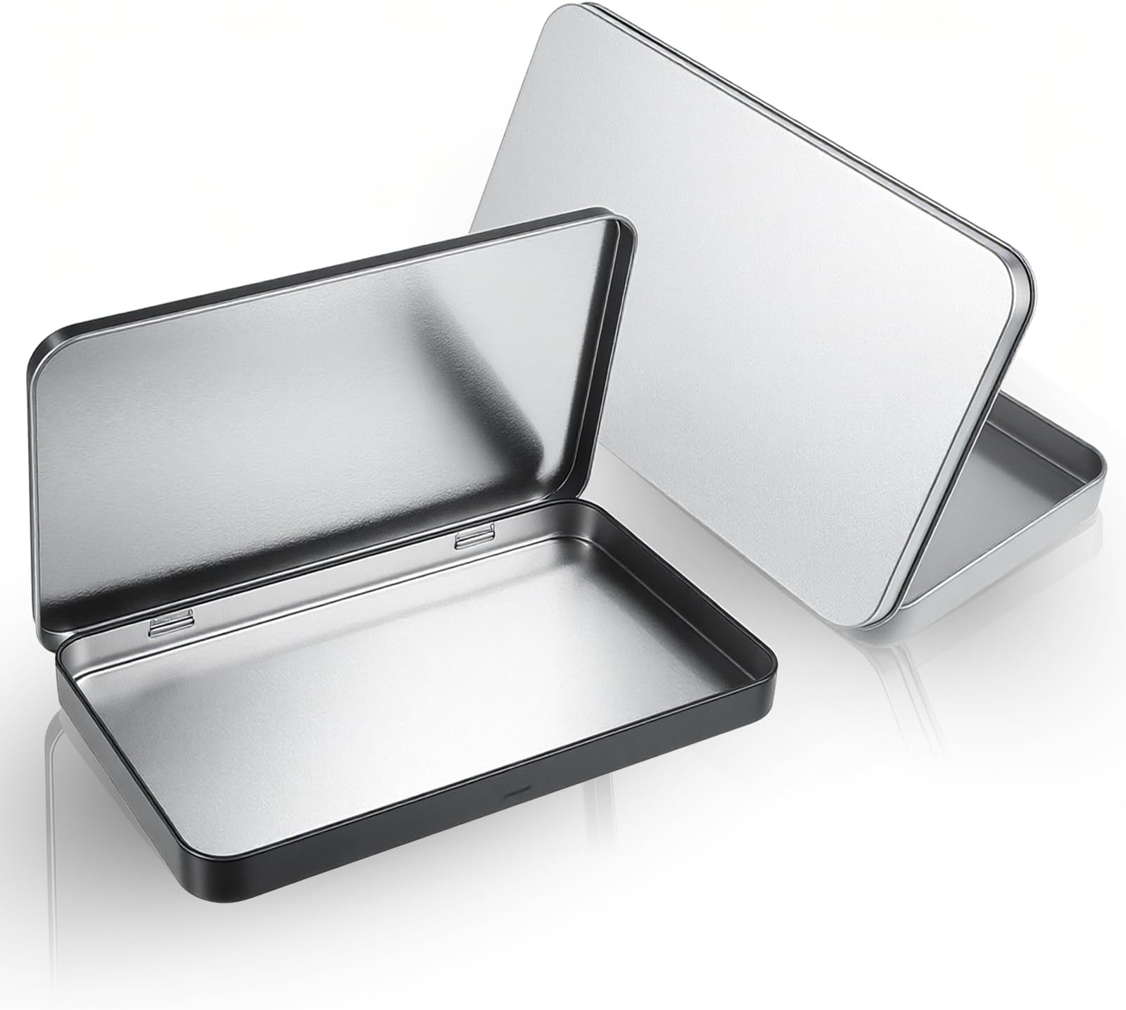 2 Packs Rectangular Metal Tin Box with Lid, 7.0 x 4.3 x 0.63 Portable Storage Container Kit, Tin Empty Box Container Storage for Pin Candies Jewelry Crafts, Black & Silver