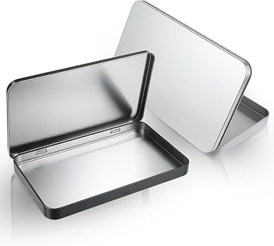 2 Packs Rectangular Metal Tin Box with Lid, 7.0 x 4.3 x 0.63 Portable Storage Container Kit, Tin Empty Box Container Storage for Pin Candies Jewelry Crafts, Black & Silver