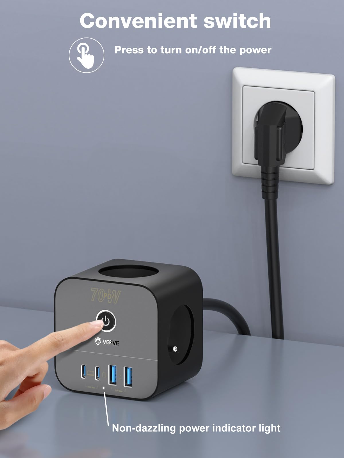 VEFVE Regleta Tipo E (Estándar Francés) 70W GAN, Cubo USB C Carga Rápida, Ladrón 7 en 1 con Interruptor, para MacBook, iPhone 17, Cable 3m, Negro
