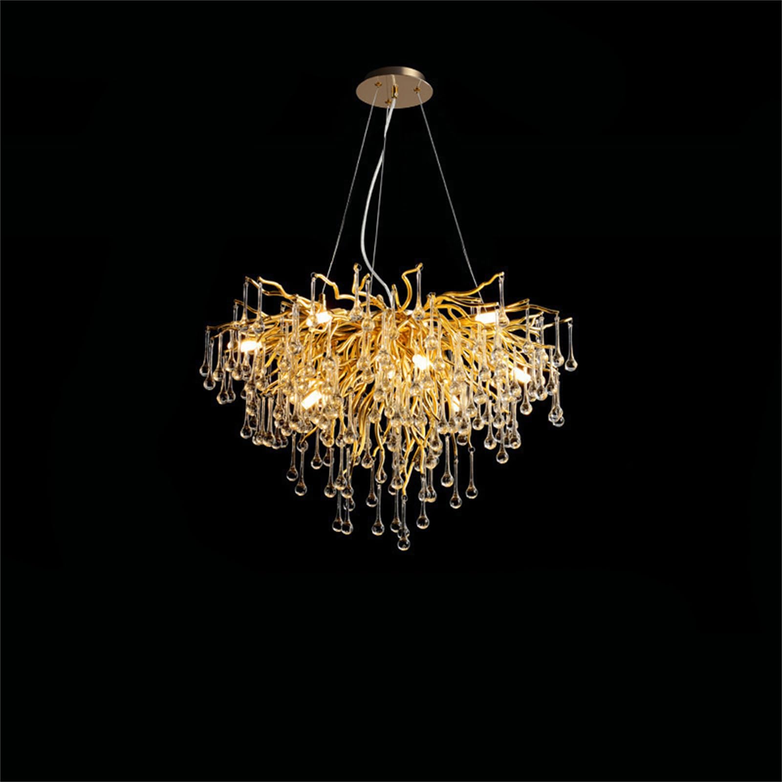 KXEcoLife Modern Crystal Branch Chandelier, Large Linear Raindrop Pendant Light Fixture for Dining Room, Kitchen Island, Living Room & Bedroom,Round D15.7