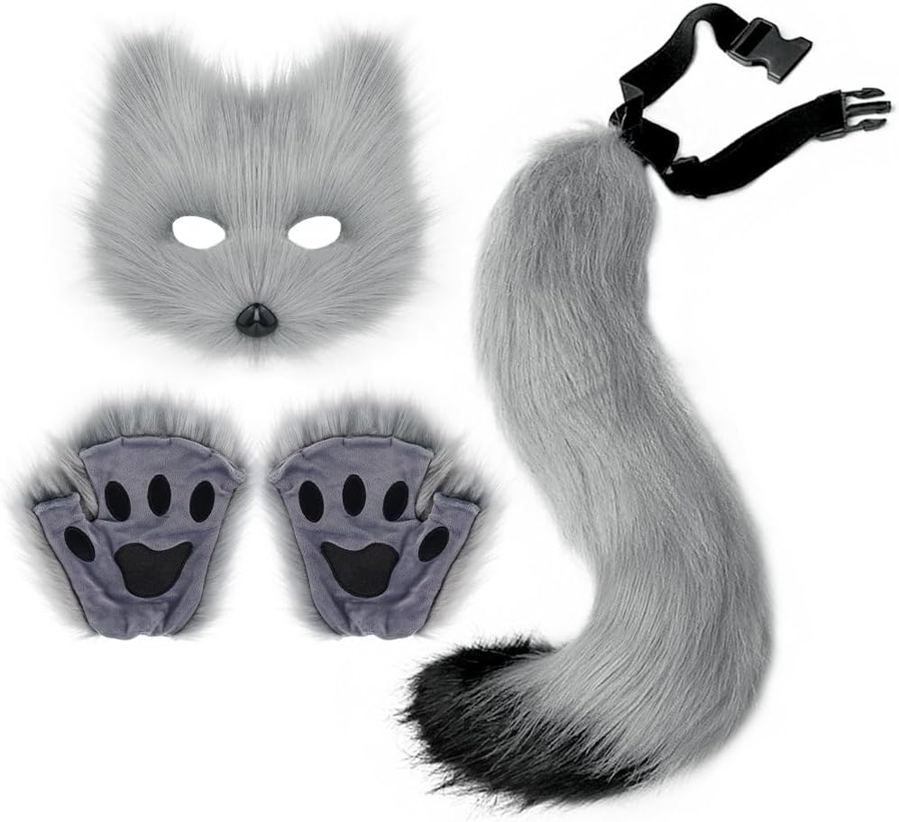 Faux Fur Fox Tail Cat Wolf Cosplay Costume Set Plush Mask Fluffy Paw Gloves Halloween Christmas Party for Women
