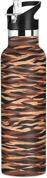 زجاجة مياه سوداء من Joisal Tiger Stripes للأولاد المراهقين، زجاجات مياه مزدوجة الجدار من الفولاذ المقاوم للصدأ، قارورة حرارية معزولة بغطاء من القش للمشروبات الساخنة أو الباردة، 20 أونصة