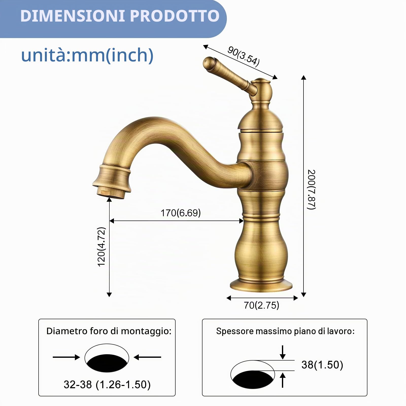 kisimixer Rubinetto Bagno Lavabo Ottone Antico, Miscelatore Lavabo Bagno Vintage Girevole a 360°, Rubinetto Bagno Monocomando Con Finitura Dorata Sterile, Calda e Fredda del Rubinetto