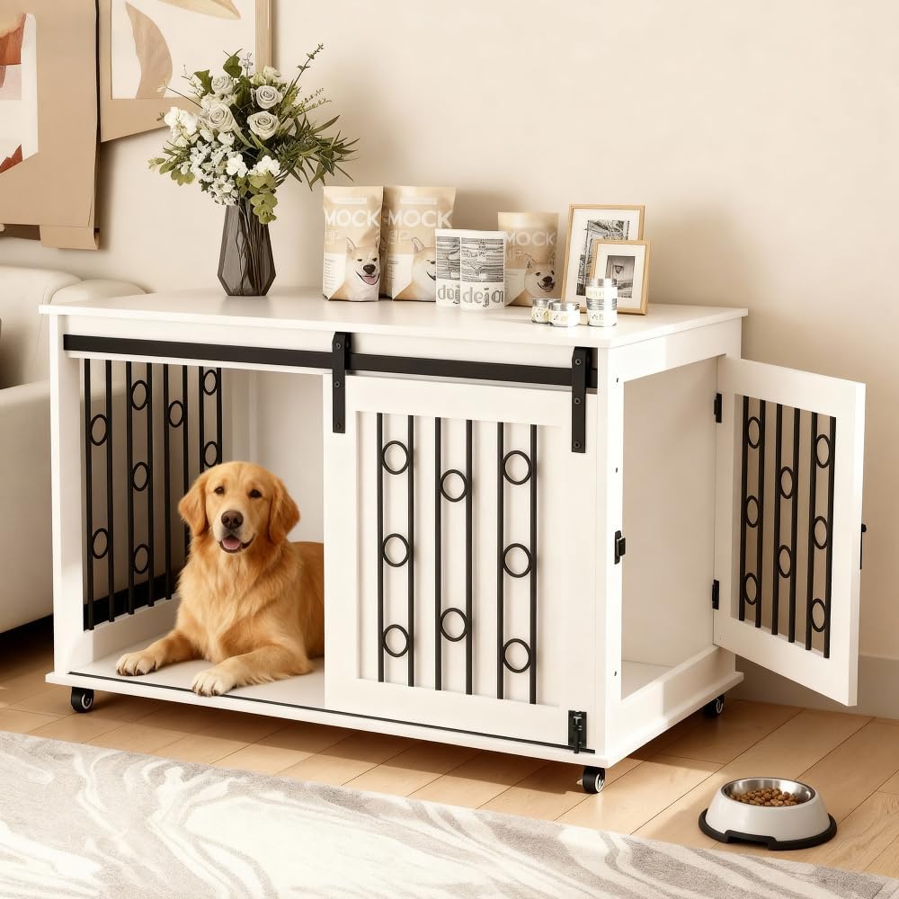 Dog Crate Furniture with Sliding Barn Door & Side Door, 39.4" Indoor Dog Kennel End Table for Small Medium Dogs with Lockable Wheels - White, 25.6" H