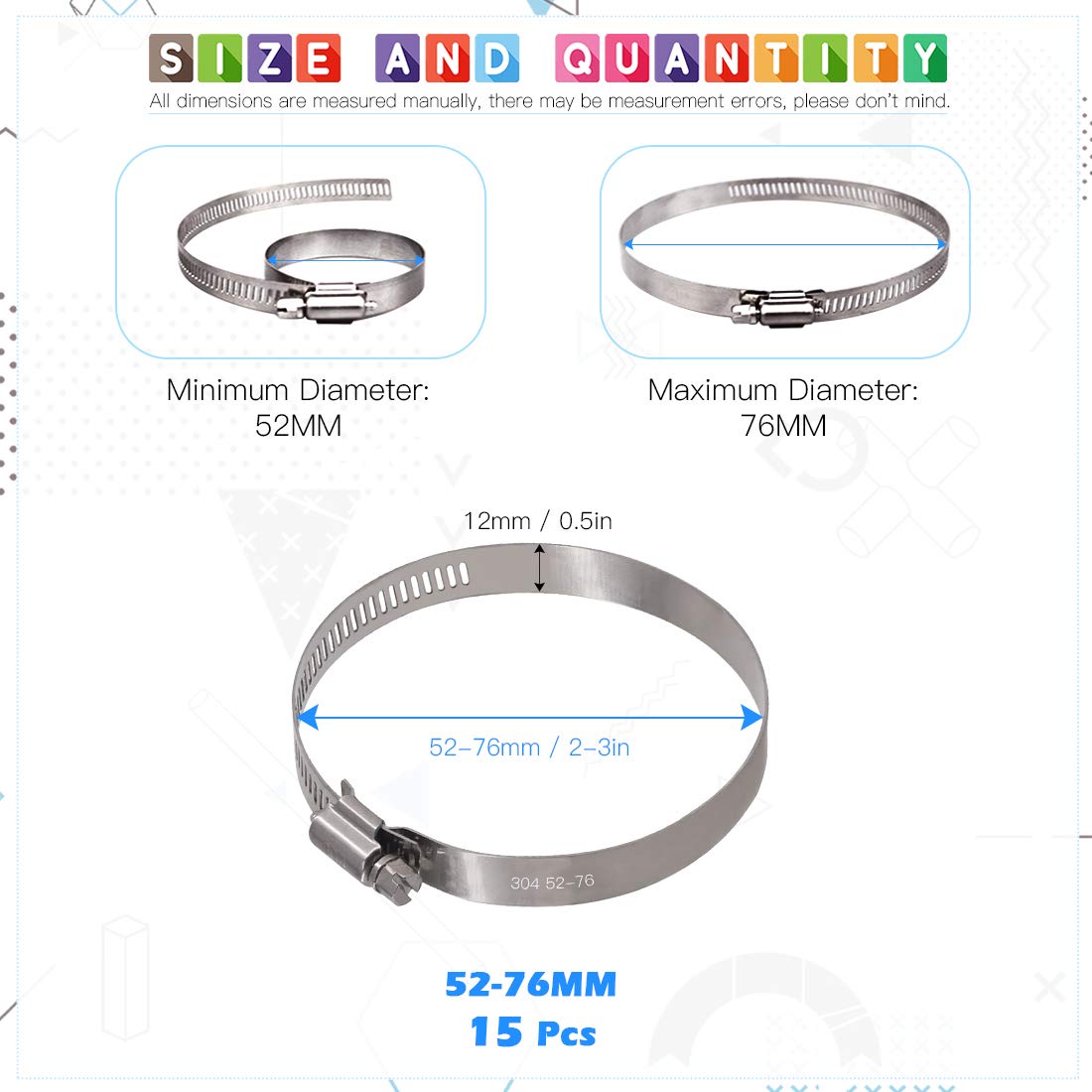 Glarks 15 Stück 52–76 mm Spannweite 304 Edelstahl verstellbare Schneckengetriebe-Schlauchschellen für Kraftstoffleitungsschellen für Wasserleitungen, Sanitär, Automobil- und mechanische (52–76 mm)