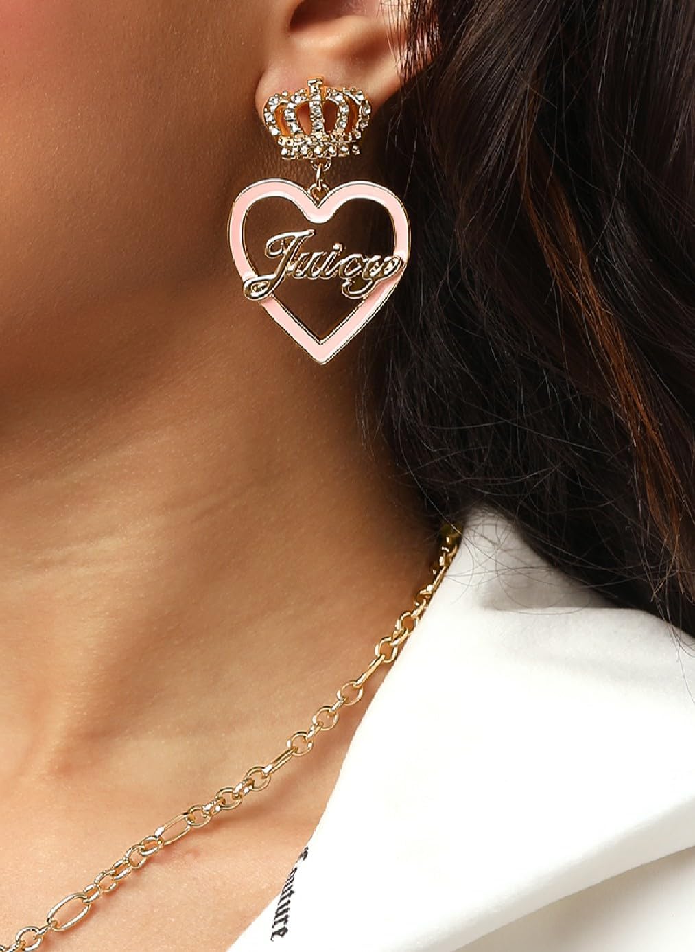Juicy Couture Logo Heart Dangle or Hoop Earrings for Women, Gold-Tone Valentines Earrings with Clear Stones, Juicy Gifts - Image 2