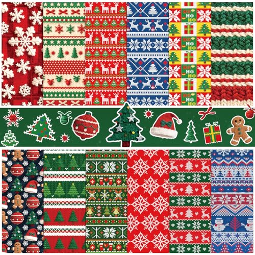 Konsait 24 Sheets Christmas Scrapbook Paper 11.8x11.8 Double Sided Sweater Texture Xmas Patterned Paper Christmas Decorative Papers Xmas Origami Papers for Card Making Scrapbook Supplies