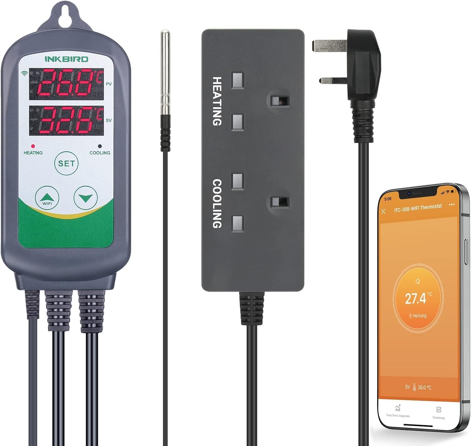 Inkbird Digital WiFi Thermostat Heating and Cooling Control Temperature Controller ITC-308-WIFI Wireless Thermostat for Homebrewing Greenhouse Hydroponics Heat Mat Reptile Incubation UK Plug