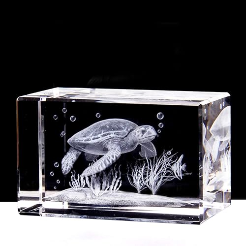 Miniatura 2 de Pisapapeles de tortuga marina 3D (grabado con láser) en cubo de cristal de cristal, regalos de cumpleañosNavidad (no incluye base LED (3.1 x 2 x 2
