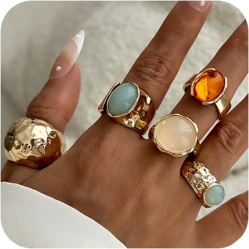 Chunky Gold Shell Starfish Ring Set for Women Trendy Gold Flower Scallop Seashell Starfish Gemstone Rings Adjustable Stacking Statement R-ings Non Tarnish Spring Summer Jewelry Accessories