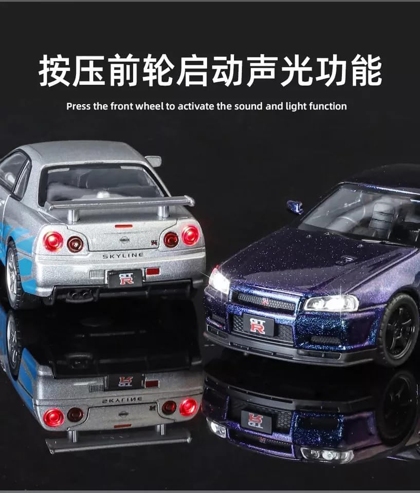 Image of Scale 1:32 Nissan Skyline GTR-R34 - Blue Alloy Diecast Pullback Metal Car Toy with Sound Light & Opening Doors - Best Gift Toy for Kids