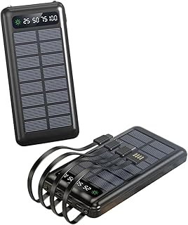 10000mAh Solar Power Bank with 4 Built-in Cables, Dual USB Output & Type-C Fast Charging Portable Charger for Mobile Devices – Black