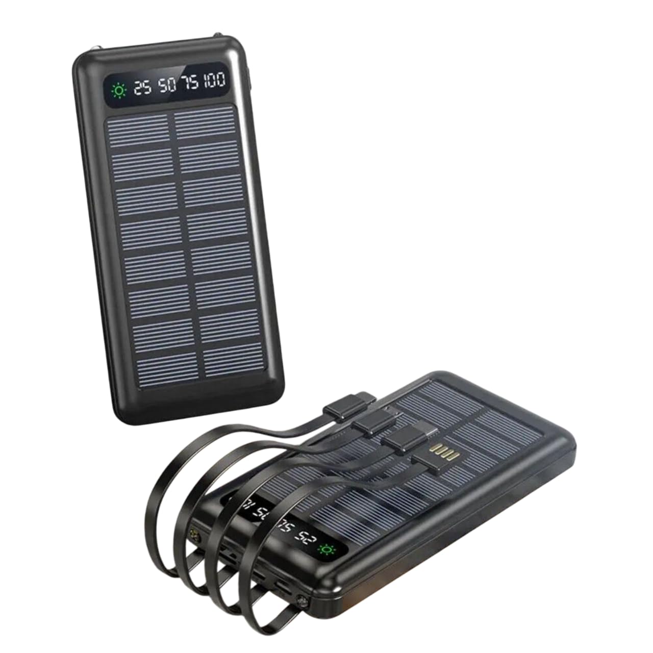 10000mAh Solar Power Bank with 4 Built-in Cables, Dual USB Output & Type-C Fast Charging Portable Charger for Mobile Devices – Black