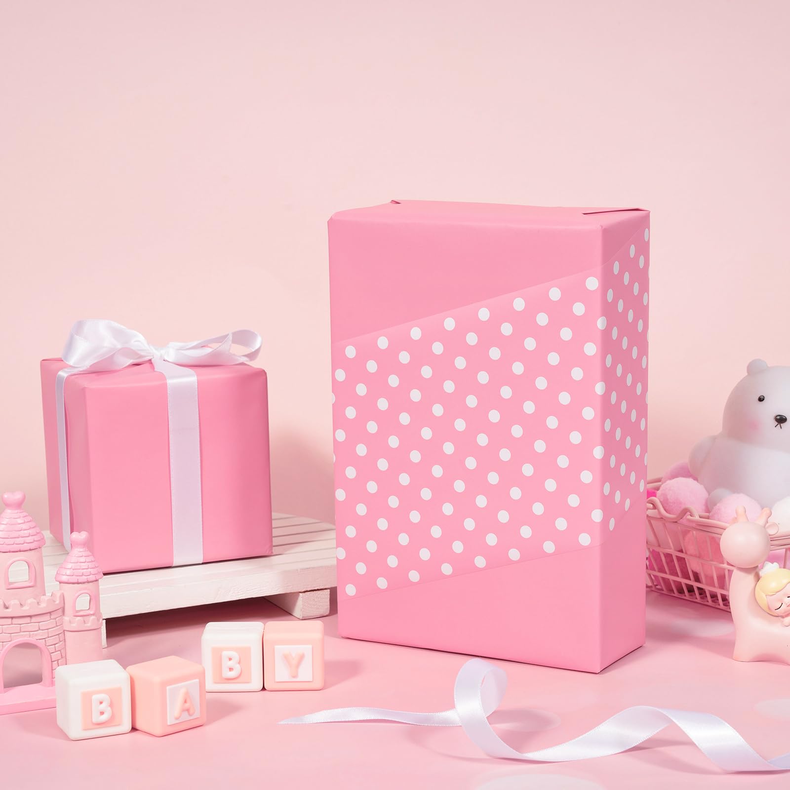 WRAPAHOLIC Dwustronny papier do pakowania - mini rolka - 43 cm x 90 cm - różowy wzór w kropki na urodziny, wakacje, ślub, baby shower