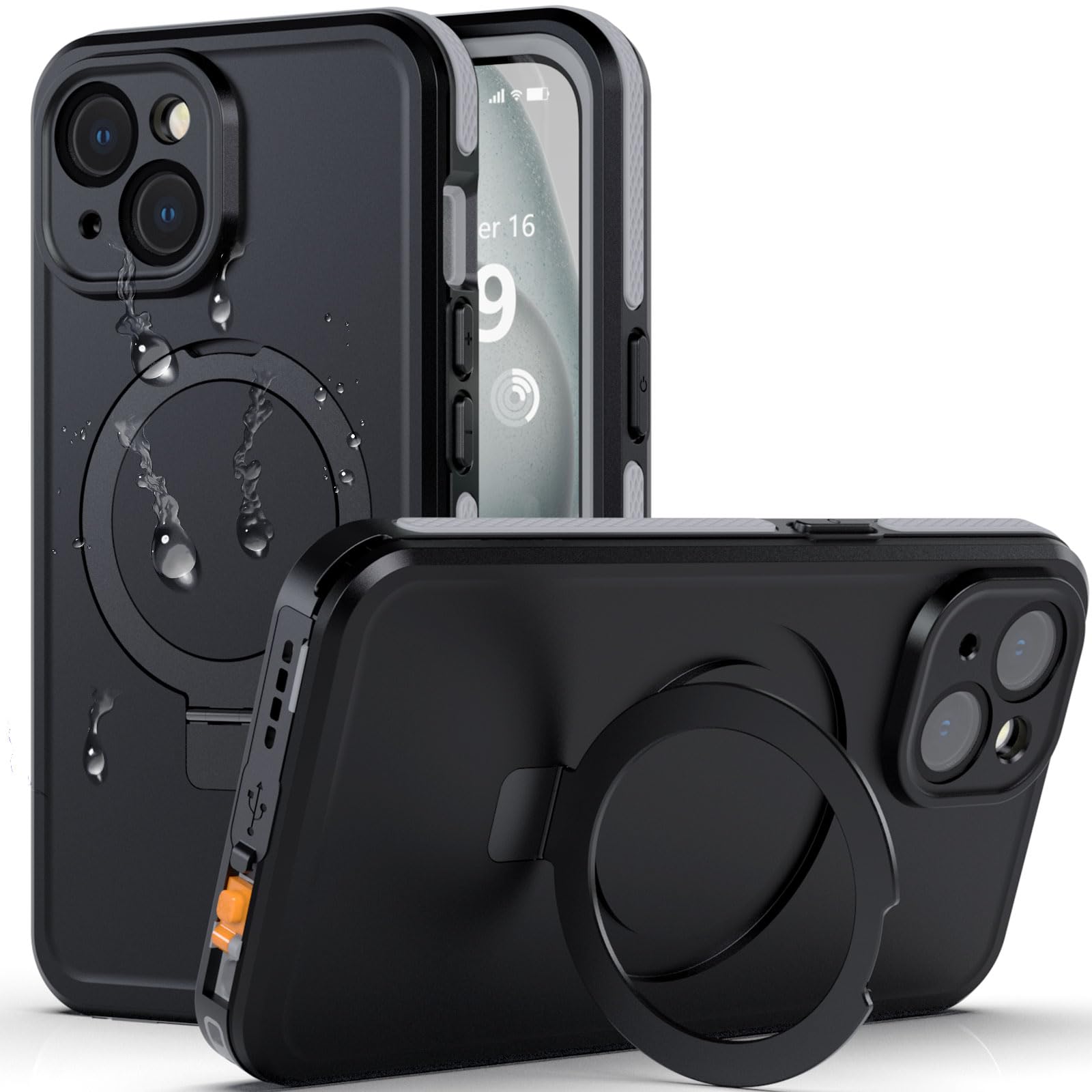 【米軍規格・防水・防塵】UMITTOS iPhone 15 用 ケース 防水 全面保護 耐衝撃 多機能一体スタンド MagSafe対応 衝撃吸收 防雪 防塵 薄型 滑り止め 顔認証対応 雨の日、お風呂など適用 防水ケース（6.1インチ）