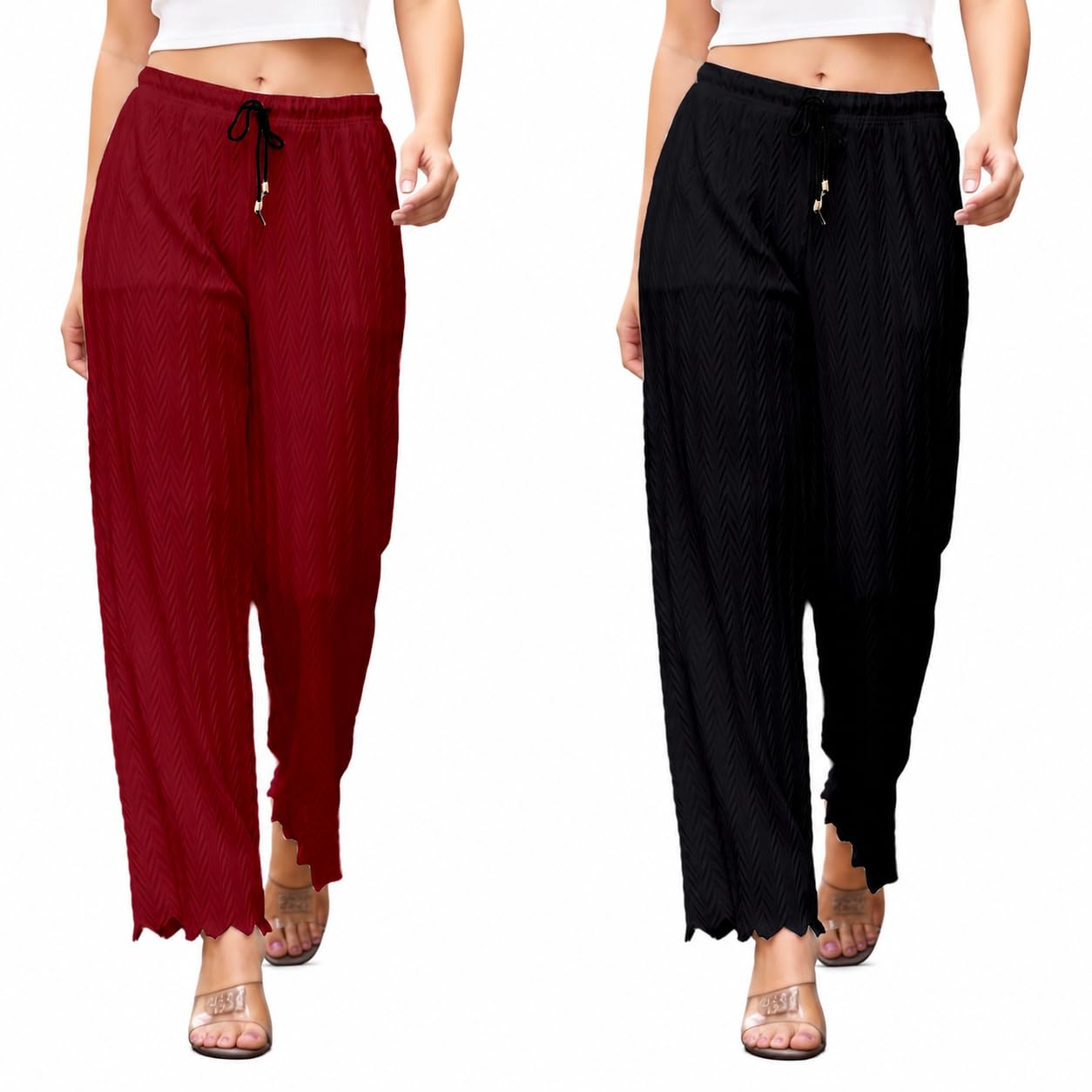 Women's Everyday Wear Palazzo Pants Combo Pack of 2 (Maroon&Black) | Textured Fabric Relaxed Fit Trousers | Elastic Waist Wide Leg Casual & Lounge Wear Bottoms-picture-27