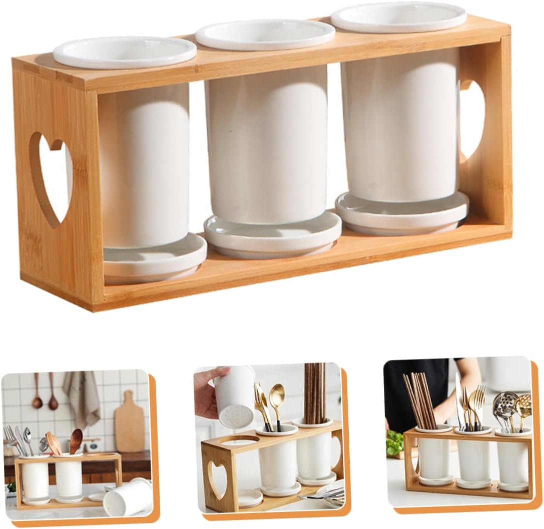 OUNONA Ceramic Chopsticks Holder Set Bamboo Rack Multifunctional Utensil Organizer for Kitchen 3-Compartment Cutlery Storage Draining Design for Home Use